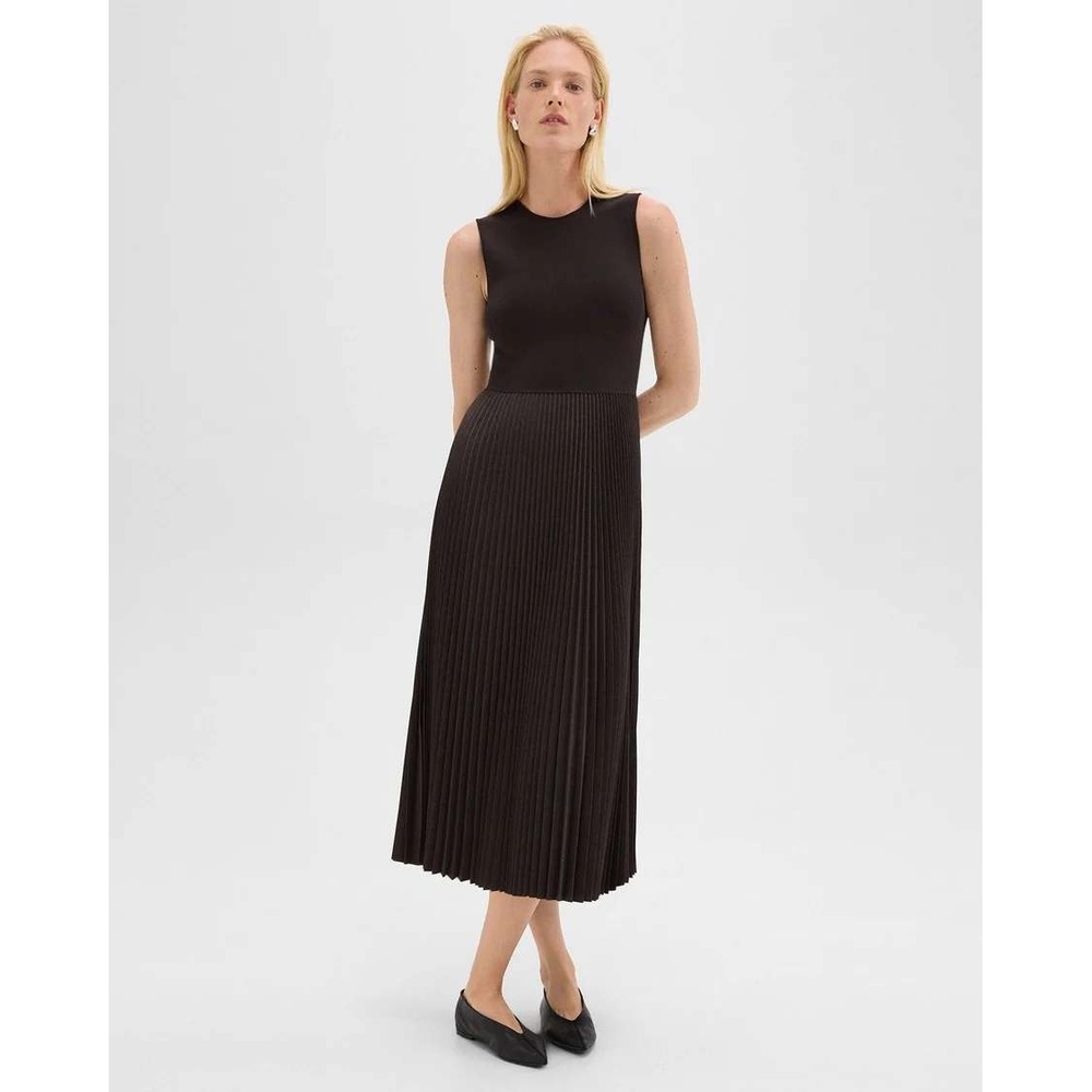 Theory Womens Pleated Combo Dress in Stretch Wool-Blend Brown Sleeveless Size S
